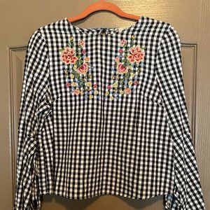 Unique Plaid Embroidered Top + Flared Long Sleeves